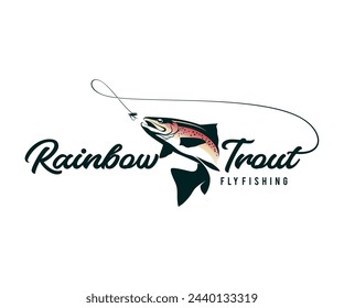 Regenbogenforellen-Logo, Einzigartige und farbige Regenbogenforellen-Fische, die aus dem Wasser springen, ideal für Ihre Regenbogenfischerei.