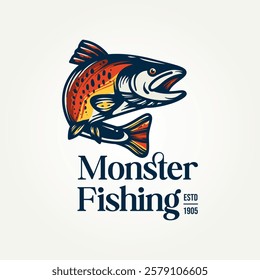 rainbow trout monster fishing icon logo vector illustration design. simple modern fishing club logo concept