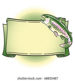 Rainbow Trout with mouth open as if jumping out of the water for a fly with a blank tattoo style banner.