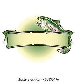 Rainbow Trout with mouth open as if jumping out of the water for a fly with a blank tattoo style banner.