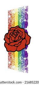 diseño de camisetas de arco iris con una flor roja aislada en blanco. Ilustración de afiches del orgullo gay