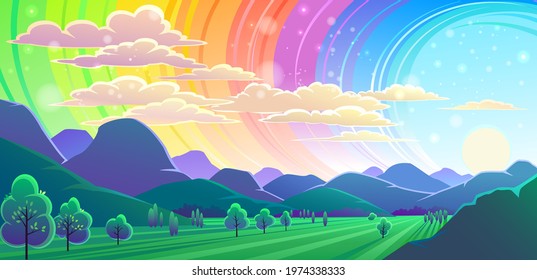 A rainbow tunnel across the vast landscape of mountains and meadows.