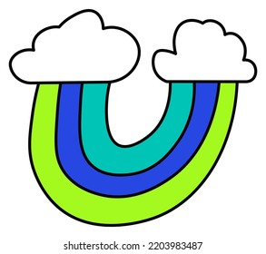 Rainbow turned upside down, weather phenomena. Colorful stripes with cloud masses. Arch with multicolor lines. Isolated 1990s sticker or 90s patch, logo part. Vector in flat style illustration