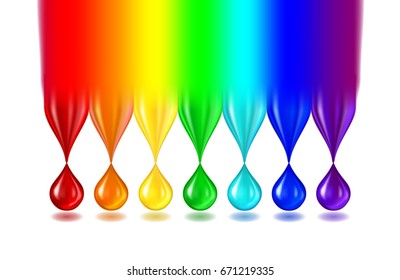 The rainbow turns into not transparent drops of paint of iridescent color. Separately on a white background. Realistic vector illustration.