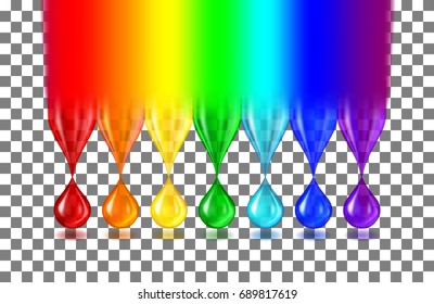 The rainbow turns into translucent drops of paint of iridescent color and shadows on a transparent background. Realistic vector illustration.
