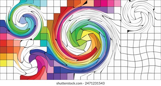 Rainbow twirly geometric pattern. Circle fluid swirly pattern vector style.