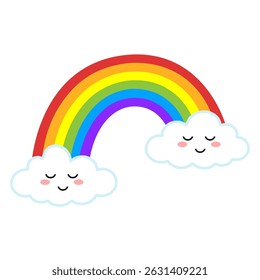 A rainbow and two cloud faces on a white background