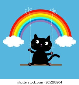 Rainbow two clouds in the sky and cat on the  swing. Dash line. Love card. Vector illustration