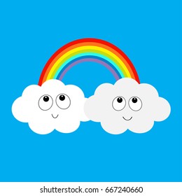 Rainbow and two clouds in the sky. Happy smiling face. Cute cartoon character. Dash line cloudshape twins. Love card. LGBT sign symbol. Flat design. Blue background. Vector illustration.