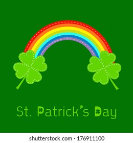 Rainbow and two clover leafs. St Patricks day card. Flat design. Vector illustration.