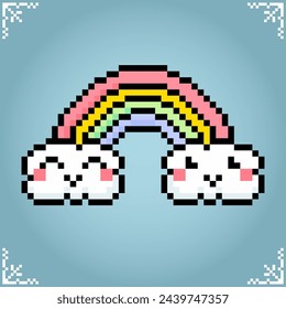 rainbow with two kawaii clouds in 8 bit pixel art. Sticker for game assets and cross stitch pattern in vector illustration.