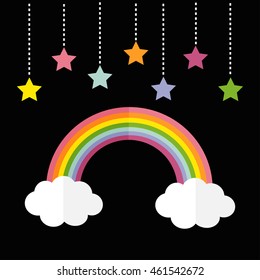 Rainbow and two white clouds. Colorful stars hanging on dash line rope. LGBT sign symbol. Flat design. Black background. Vector illustration.