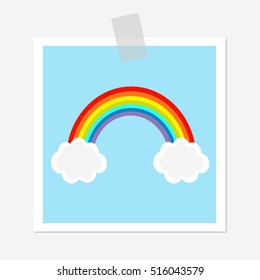 Rainbow and two white clouds. LGBT sign symbol. Flat design. Blue sky background. Greeting card. Adhesive transparency tape. Vector illustration