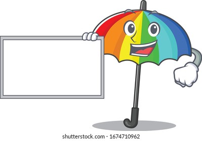Rainbow umbrella with board cartoon mascot design style