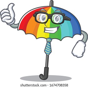 Rainbow umbrella Businessman cartoon character with glasses and tie
