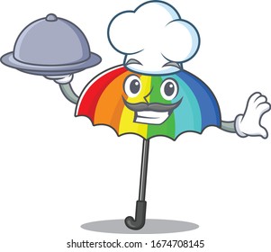 Rainbow umbrella as a chef cartoon character with food on tray