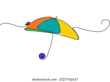 Paraguas arcoiris dibujado con una línea. Una mariposa. Artículo estacional de moda. Vector lineal para banner, logotipo y vebsite