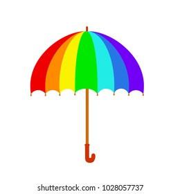 Rainbow umbrella icon. Colorful umbrella isolated on white background. Stock vector in cartoon style