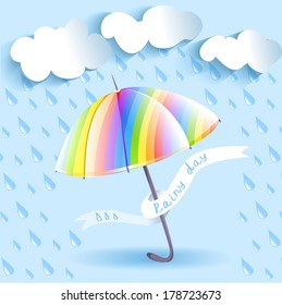 rainbow umbrella and rain. vector illustration