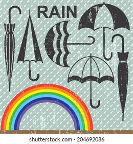 Rainbow and umbrellas grunge vector illustration