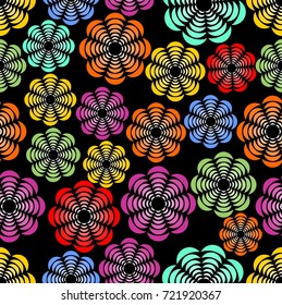 Rainbow uneven distributed abstract flower shapes, seamless patterns on black background, sharp contrasting design for textile, fabric, vector EPS 10