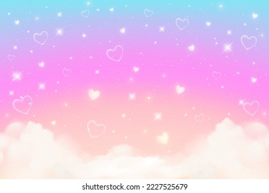 Rainbow unicorn background with clouds hearts and stars. Pastel color sky. Magical pink landscape, abstract fabulous panorama. Cute candy wallpaper. Vector