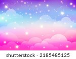 Rainbow unicorn background with clouds and stars. Pastel color sky. Magical landscape, abstract fabulous pattern. Cute candy wallpaper. Vector.