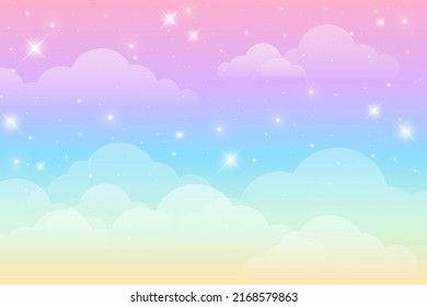 Rainbow unicorn background with clouds and stars. Pastel color sky. Magical landscape, abstract fabulous pattern. Cute candy wallpaper. Vector.