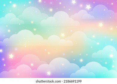 Rainbow unicorn background with clouds and stars. Pastel color sky. Magical landscape, abstract fabulous pattern. Cute candy wallpaper. Vector.