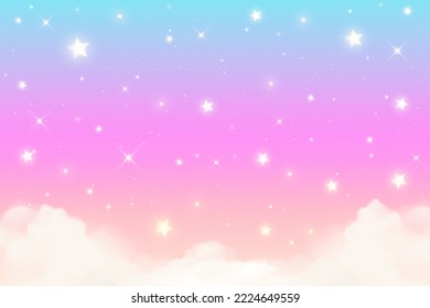 Rainbow unicorn background with clouds and stars. Pastel color sky. Magical pink landscape, abstract fabulous panorama. Cute candy wallpaper. Vector