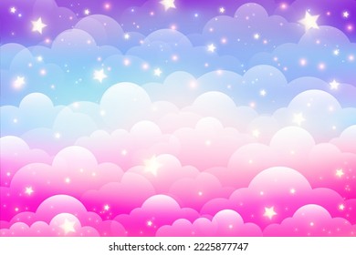 Rainbow unicorn background with clouds and stars. Pastel color sky. Magical landscape, abstract fabulous pattern. Cute candy wallpaper. Vector