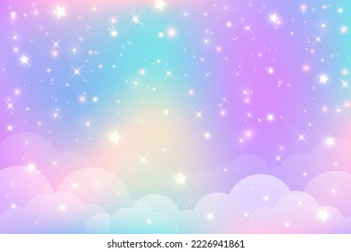 Rainbow unicorn background with clouds and stars. Pastel color sky. Magical landscape, abstract fabulous pattern. Cute candy wallpaper. Vector