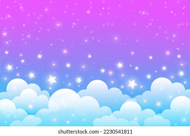 Rainbow unicorn background with clouds and stars. Pastel color sky. Magical landscape, abstract fabulous pattern. Cute candy wallpaper. Vector