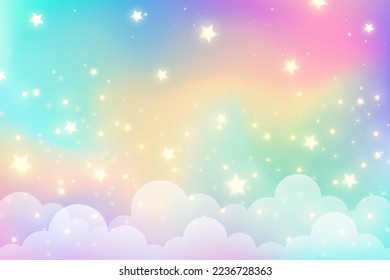 Rainbow unicorn background with clouds and stars. Pastel color sky. Magical landscape, abstract fabulous pattern. Cute candy wallpaper. Vector