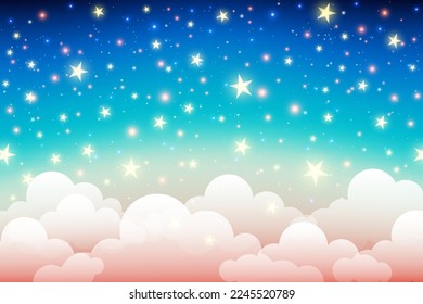 Fondo del unicornio arcoiris con nubes y estrellas. El cielo color pastel. El paisaje mágico, el patrón abstracto fabuloso. Papel pintado de dulce. Vector