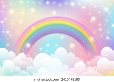 Fondo del unicornio arcoiris. Fantasía cielo rosa nublado. Escena vectorial pastel con colores dulces. El paisaje de la princesa mágica con estrellas de hadas y brillo