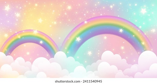 Rainbow unicorn background. Fantasy cloudy pink sky. Cute pastel vector scene with candy colors. Magic princess landscape with fairy stars and glitter