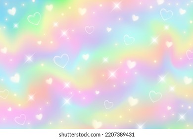 Fondo del unicornio arcoiris. El cielo de la princesa de Girlie con estrellas, corazones y espumas. Fondo de fantasía holográfica degradado. Textura iridiscente abstracta vectorial