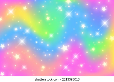 Fondo del unicornio arcoiris. El cielo de la princesa de Girlie con estrellas y espumas. Fondo de fantasía holográfica degradado. Textura iridiscente abstracta vectorial