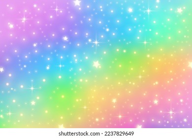 Rainbow unicorn background. Girlie princess sky with stars and sparkles. Gradient holographic fantasy backdrop. Vector abstract iridescent texture