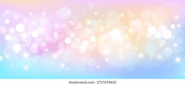 Fondo del unicornio del arco iris con la estrella del brillo, la nube del cielo y la luz del bokeh. Fondo de pantalla holográfico espacial. Fondo de gradiente iridiscente de cuento de hadas para sirena o kawaii. Anuncio lindo del caramelo o de la fiesta de cumpleaños
