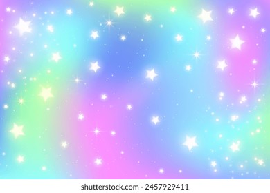 Regenbogen Einhorn Hintergrund mit Glitzer und Sternen. Pastellfarbener holografischer Himmel mit magischer Gradientenstruktur. Vektorgrafik schillernder Bildschirmhintergrund mit Funkeln.