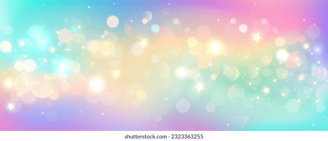Rainbow unicorn background. Pastel fantasy sky with bokeh and stars. Magic holographic galaxy. Marble kawaii texture. Vector cosmic girlie wallpaper