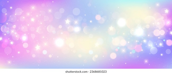 Rainbow unicorn background. Pastel fantasy sky with bokeh and stars. Magic holographic galaxy. Marble kawaii texture. Vector cosmic girlie wallpaper