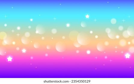 Fondo del unicornio arcoiris. Galaxia de fantasía rosa brillante pastel. Cielo de sirena mágica con bokeh. Espacio abstracto holográfico kawaii con estrellas y destellos. Vector