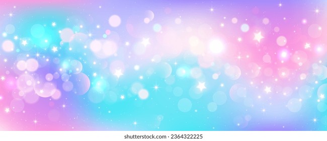 Fondo del unicornio arcoiris. Galaxia de fantasía rosa brillante pastel. Cielo de sirena mágica con bokeh. Espacio abstracto holográfico kawaii con estrellas y destellos. Ilustración vectorial.