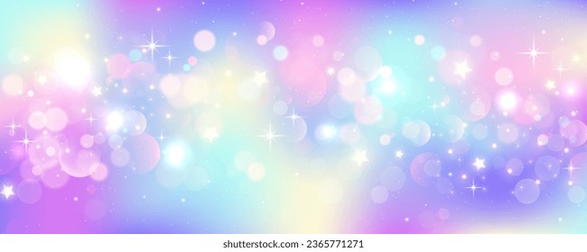 Fondo del unicornio arcoiris. Galaxia de fantasía rosa brillante pastel. Cielo de sirena mágica con bokeh. Espacio abstracto holográfico kawaii con estrellas y destellos. Ilustración vectorial.