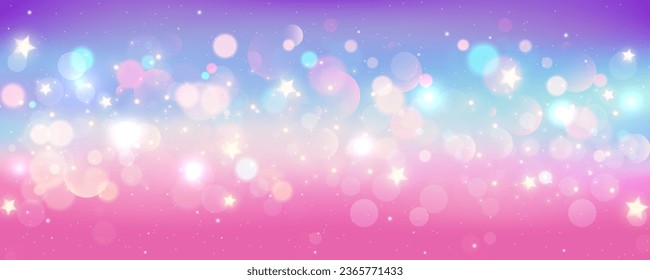 Fondo del unicornio arcoiris. Galaxia de fantasía rosa brillante pastel. Cielo de sirena mágica con bokeh. Espacio abstracto holográfico kawaii con estrellas y destellos. Ilustración vectorial.