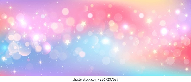 Rainbow unicorn background. Pastel glitter pink fantasy galaxy. Magic mermaid sky with bokeh. Holographic kawaii abstract space with stars and sparkles. Vector illustration.