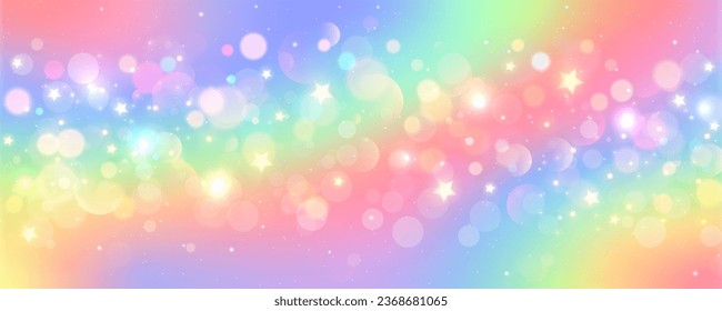 Fondo del unicornio arcoiris. Galaxia de fantasía rosa brillante pastel. Cielo de sirena mágica con bokeh. Espacio abstracto holográfico kawaii con estrellas y destellos. Ilustración vectorial.